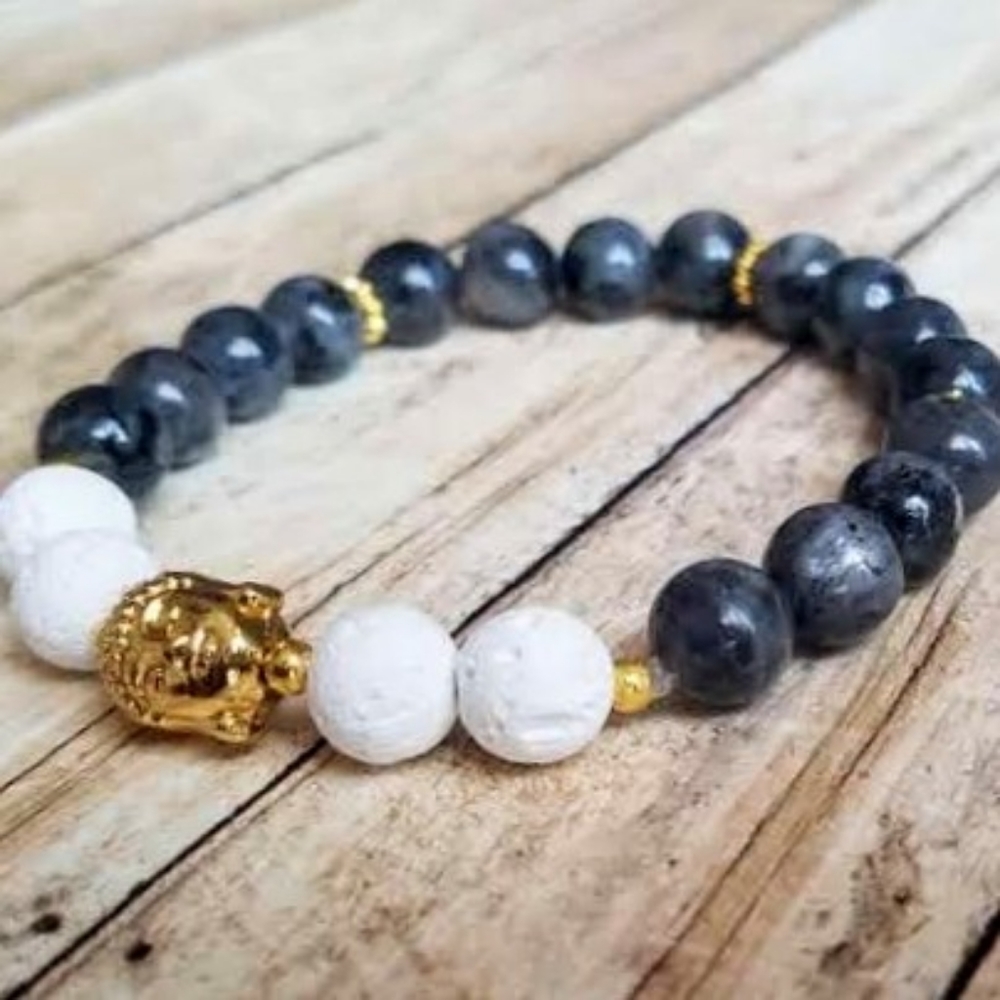 Black Labradorite + Lava Rock Buddha Diffuser Bracelet - Picture 2 of 3